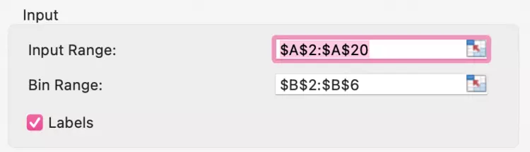 Input options for Excel histograms Input options for Excel histograms