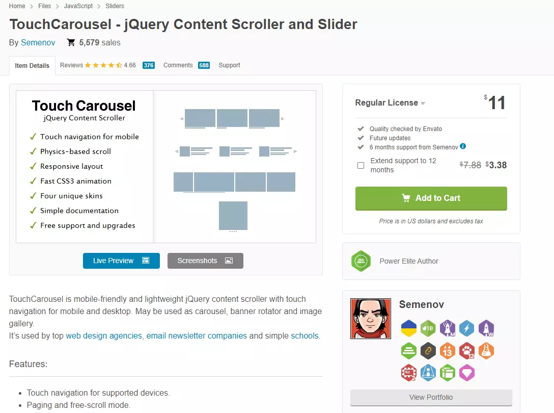 Image: Screenshot of the TouchCarousel plugin on codecanyon.net