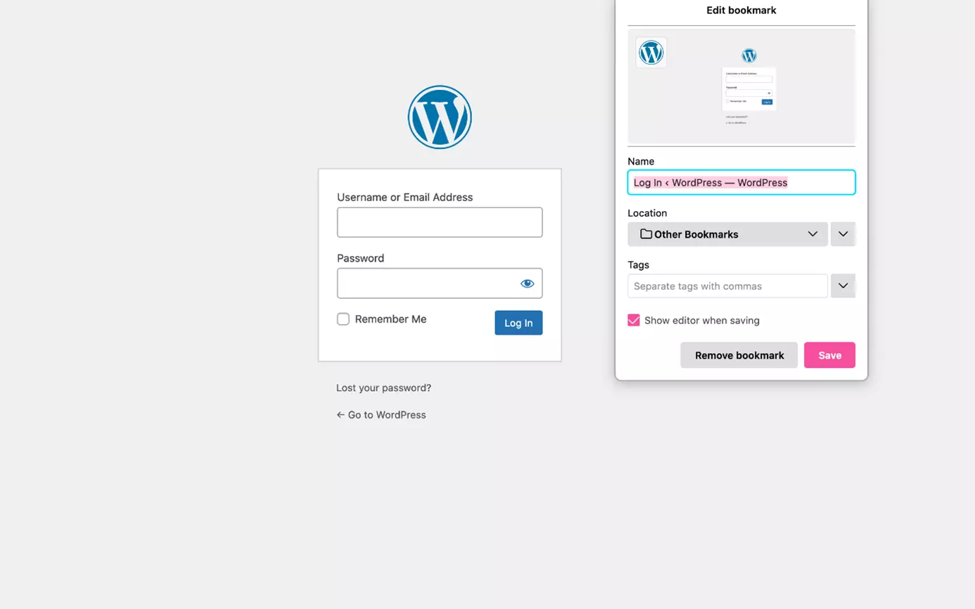 Image: Bookmark to WP admin login page in browser