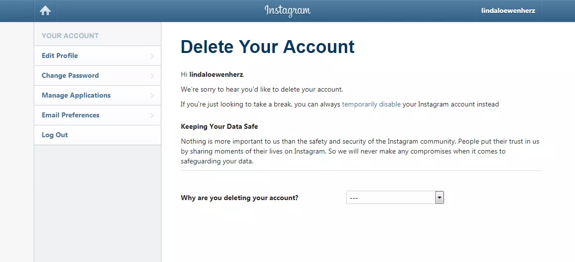 Instagram account settings: menu for permanently deleting the account