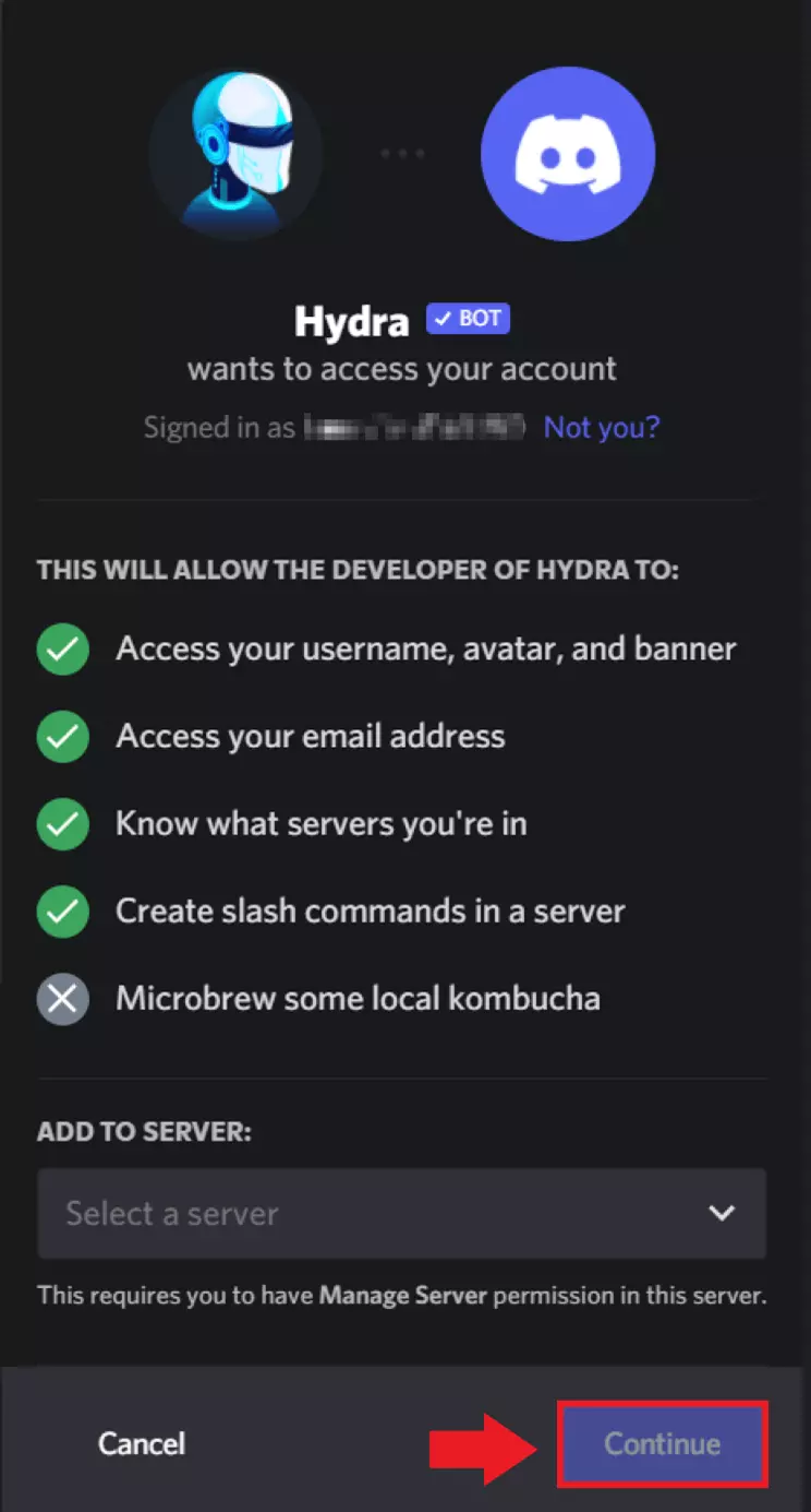 Image: Select the relevant server and then click “Continue”