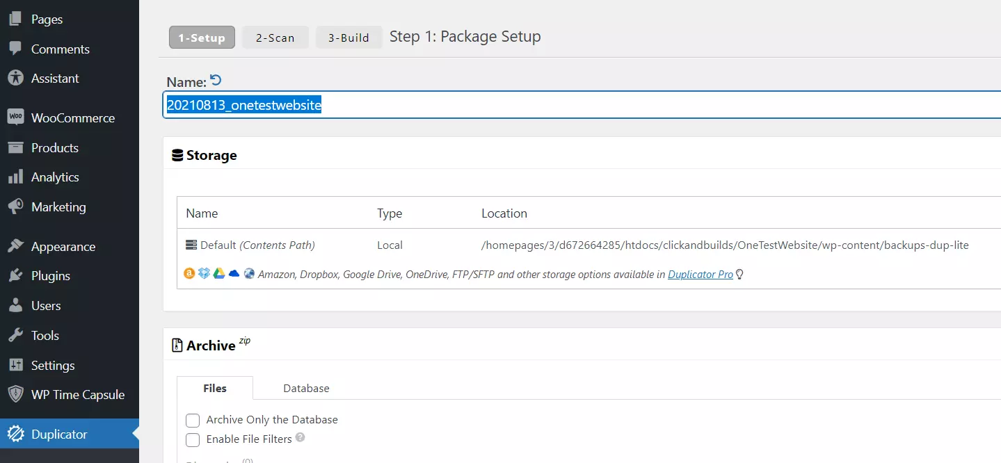Image: Duplicator in the WordPress backend