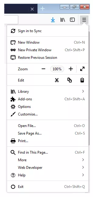 Settings bar in Firefox