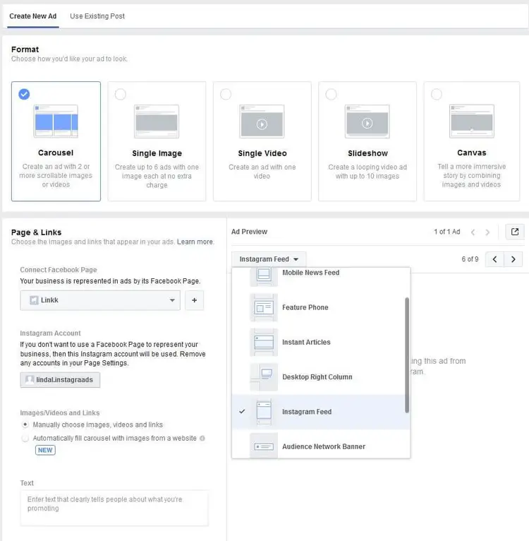 Facebook ad manager interface, ad preview with Instagram option Facebook ad manager interface, ad preview with Instagram option