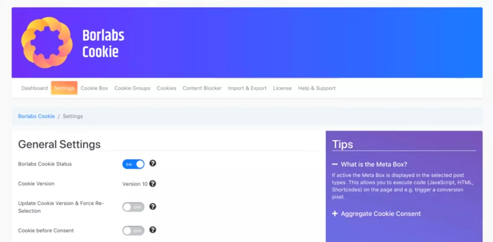 Image: Borlabs cookie box – general settings