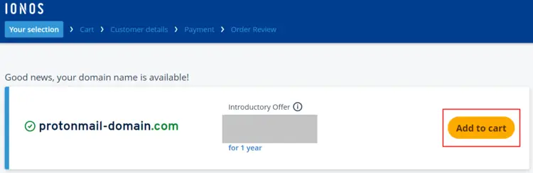 “Your domain name is available” notification in the IONOS shop “Your domain name is available” notification in the IONOS shop