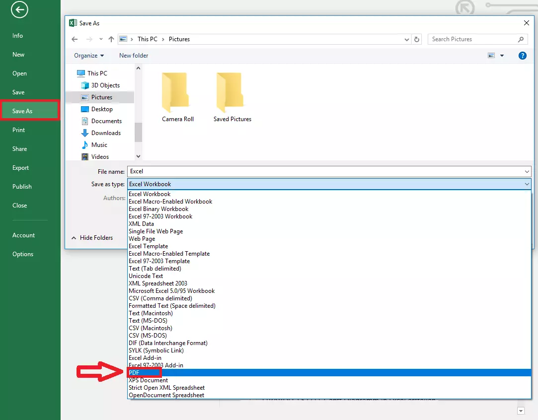 Screenshot of MS Excel “Save As” and file type selection