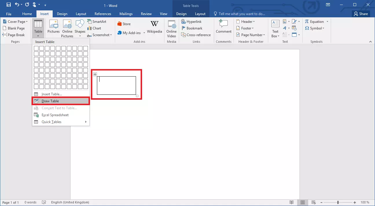 Image: The option for drawing a table in Word