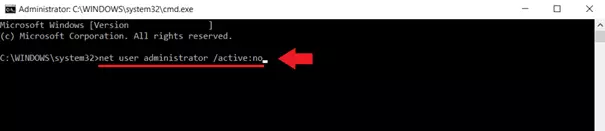 Image: Enter the command “net user administrator /active:no” to disable the administrator.