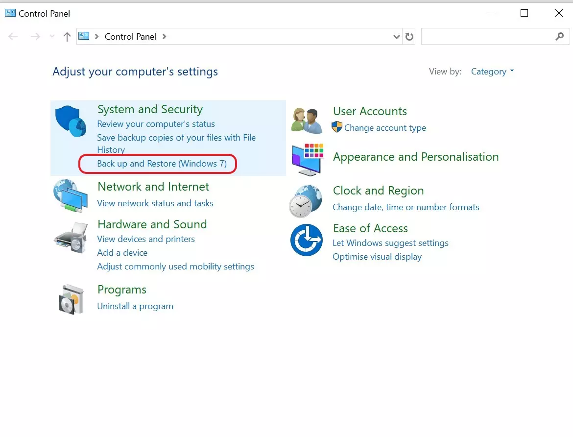 Image: “Backup and Restore” in the Windows settings