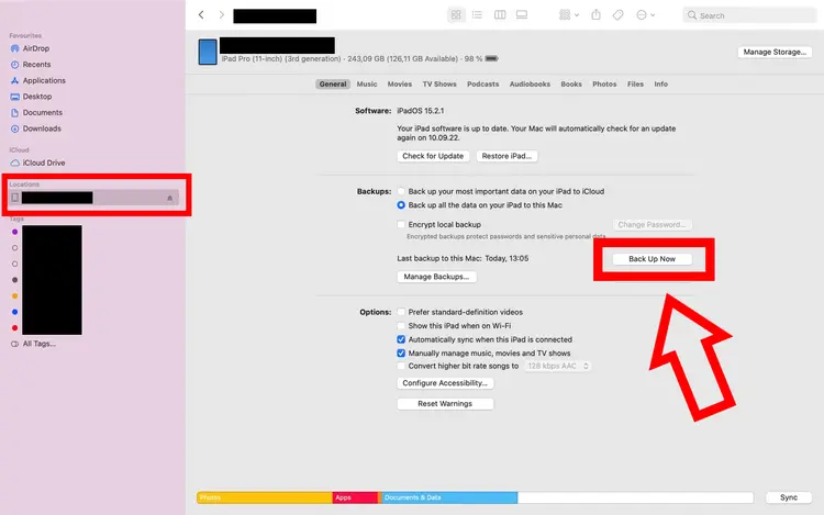 Screenshot of the Create Backup Now option in the Mac Finder Screenshot of the Create Backup Now option in the Mac Finder