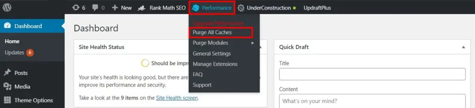 WordPress admin bar showing cache purge button added by a caching plugin