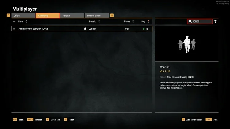 Screenshot from Arma Reforger: Join server in the multiplayer menu Screenshot from Arma Reforger: Join server in the multiplayer menu