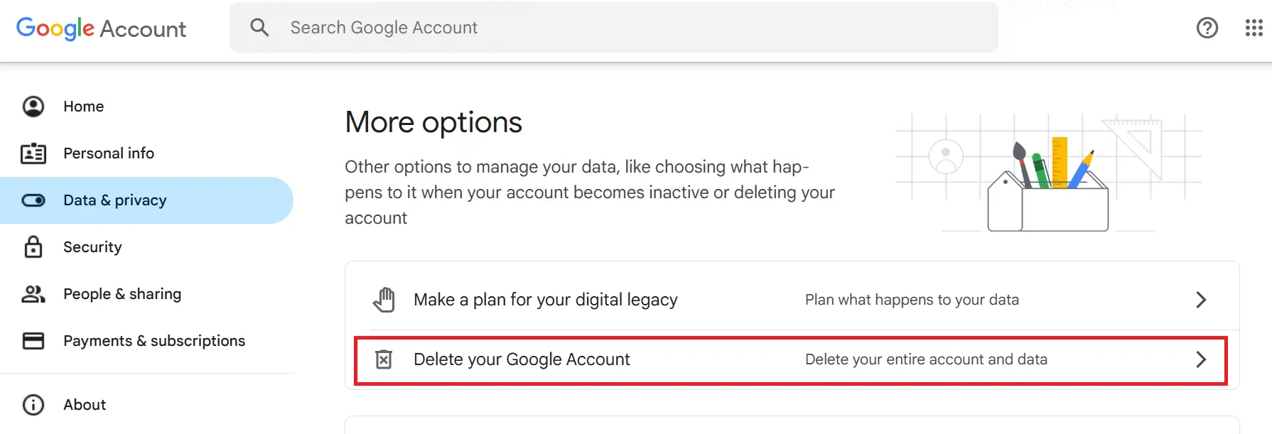 “Delete your Google Account” option Image: “Delete your Google Account” option