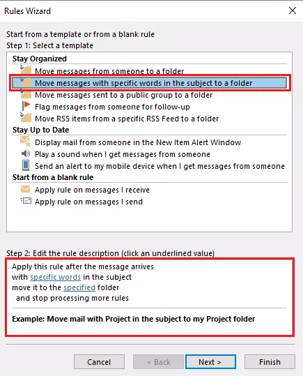 Outlook Rules Wizard: Selecting rule template Outlook Rules Wizard: Selecting rule template