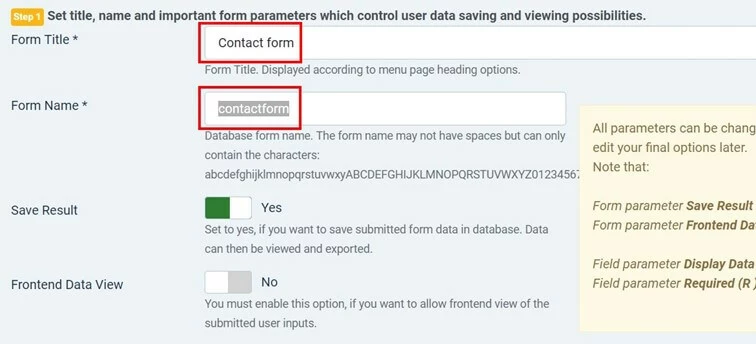 Image: visforms: Add title and name of Joomla contact form