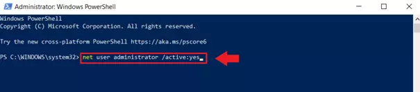 Image: In PowerShell’s command line interpreter, enter the command “net user administrator /active:yes”