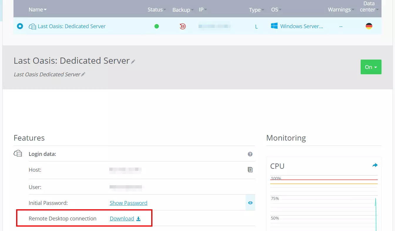 Image: IONOS Cloud Panel: Download button “Remote Desktop connection”