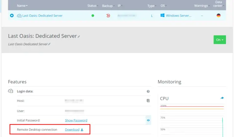IONOS Cloud Panel: Download button “Remote Desktop connection” IONOS Cloud Panel: Download button “Remote Desktop connection”