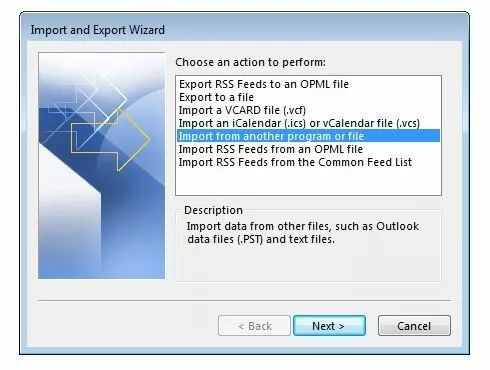 Start menu of the import/export wizard in Outlook 2016 Start menu of the import/export wizard in Outlook 2016