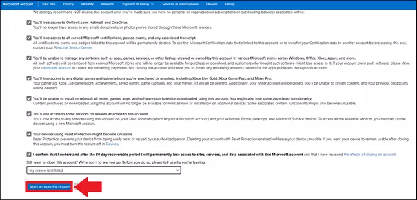 Image: Check every box and delete your account by clicking “Mark account for closure”