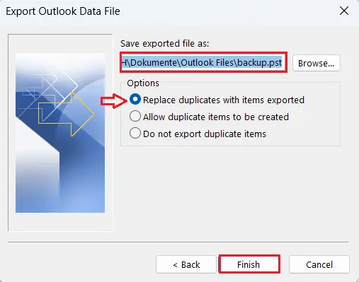 Outlook Import and Export Wizard: Exported file location Image: Outlook Import and Export Wizard: Exported file location