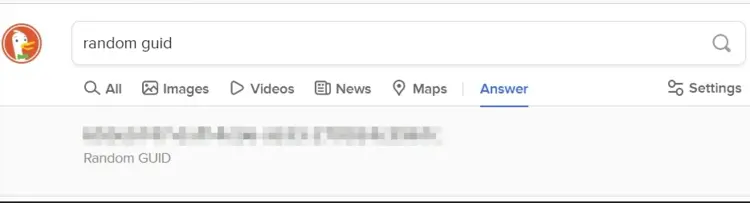 Screenshot of DuckDuckGo-with search query “random guid” Screenshot of DuckDuckGo-with search query “random guid”
