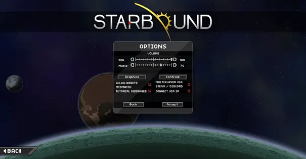 The options menu of Starbound The options menu of Starbound
