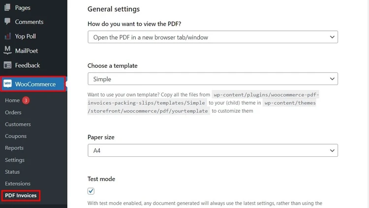 Screenshot of “General settings” in the PDF Invoices plugin Screenshot of “General settings” in the PDF Invoices plugin