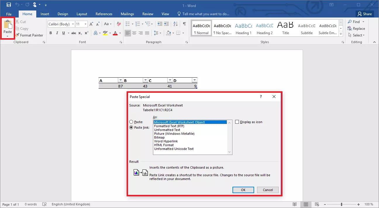 Image: Menu for linking Excel and Word