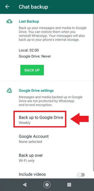 WhatsApp option “Back up to Google Drive” (Create backup) WhatsApp option “Back up to Google Drive” (Create backup)