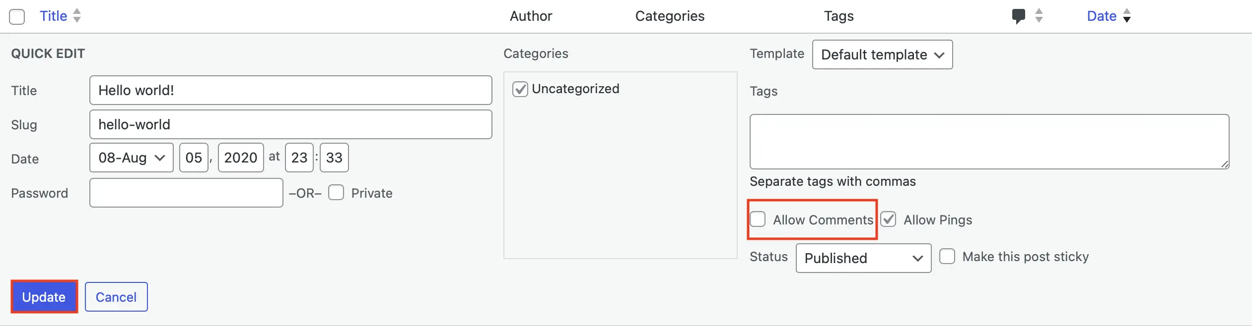 Image: “Quick Edit” settings page for a post, with “Allow Comments” option
