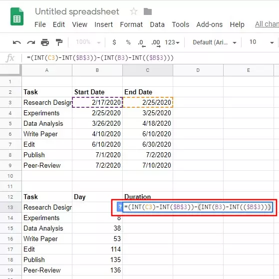 Image: Google Sheets: formula for task duration