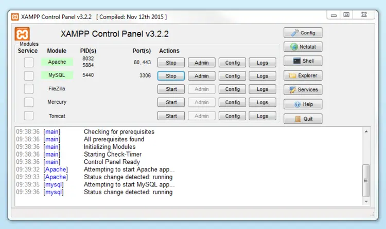 Active module in XAMPP Control Panel Active module in XAMPP Control Panel