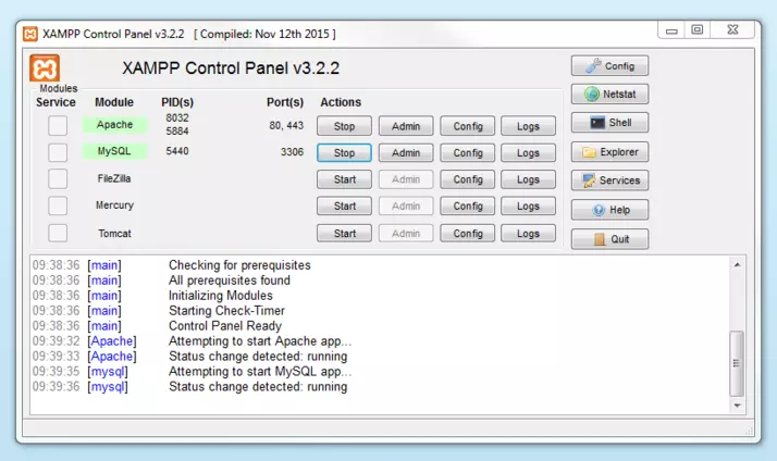 Active module in XAMPP Control Panel Active module in XAMPP Control Panel