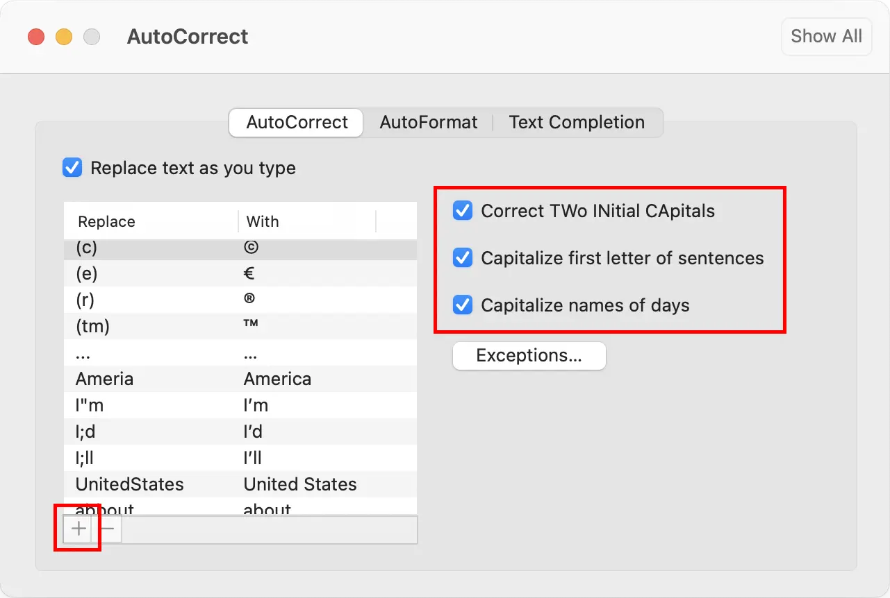 Outlook for Mac: AutoCorrect options Image: Outlook for Mac: AutoCorrect options
