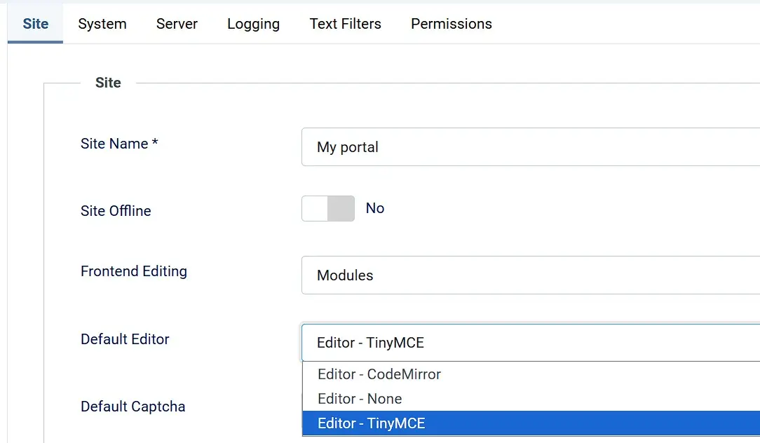 Image: &ldquo;Site&rdquo; tab in the Joomla configuration menu