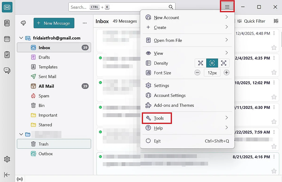 Set up Thunderbird out-of-office: “Tools” menu Image: Set up Thunderbird out-of-office: “Tools” menu
