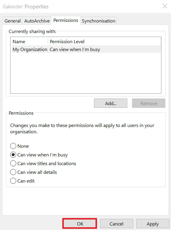 Outlook: Sharing properties Image: Outlook: Sharing properties