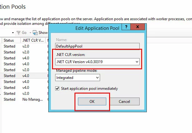 Image: IIS manager, Application Pools: select .NET version
