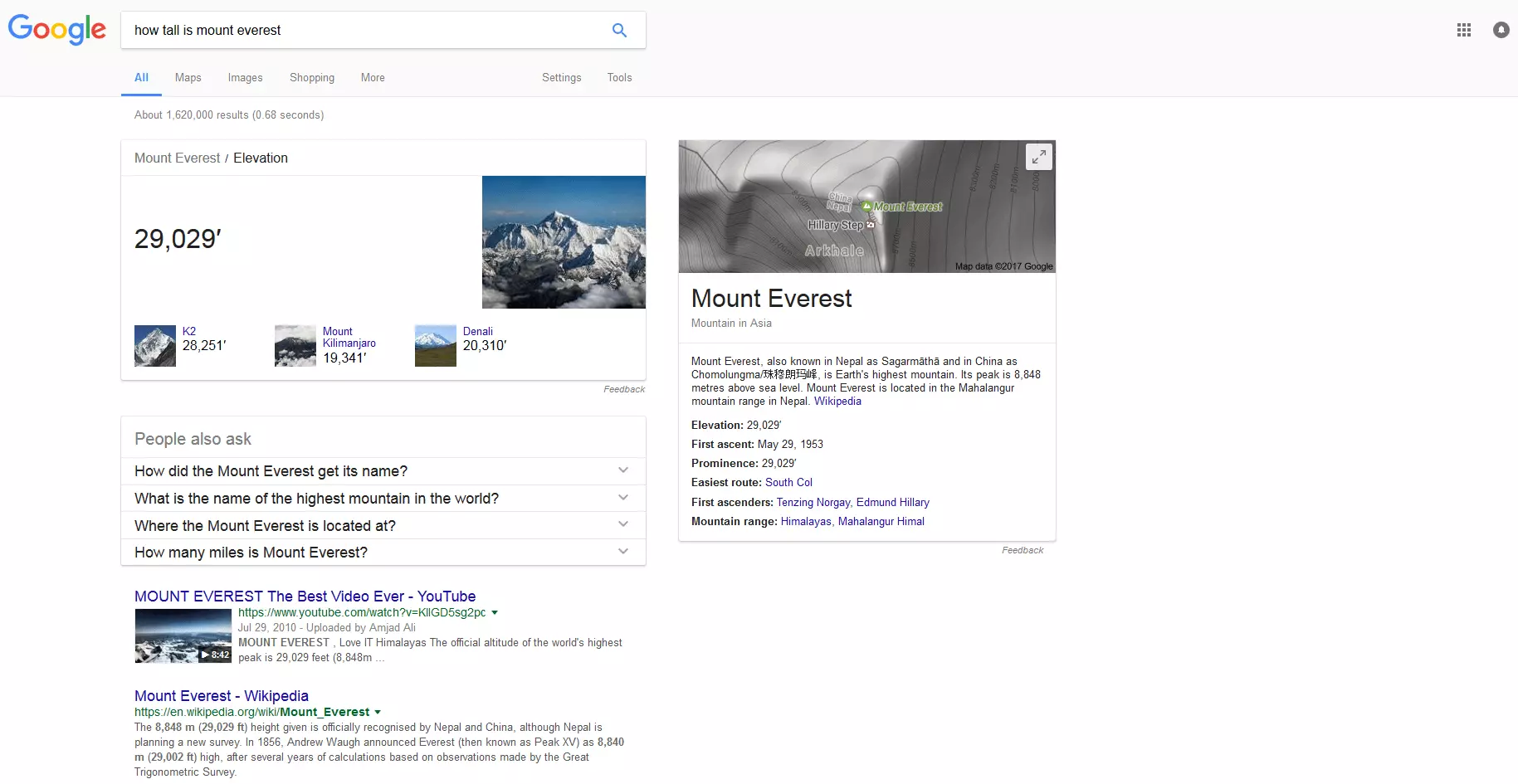 Image: Quick Answers response to ‘how tall is mount everest’