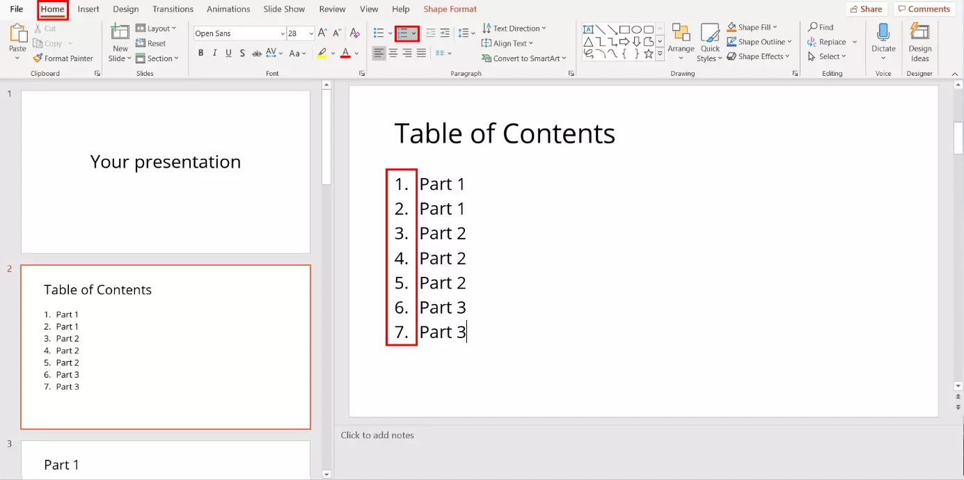 Image: PowerPoint: numbering a table of contents