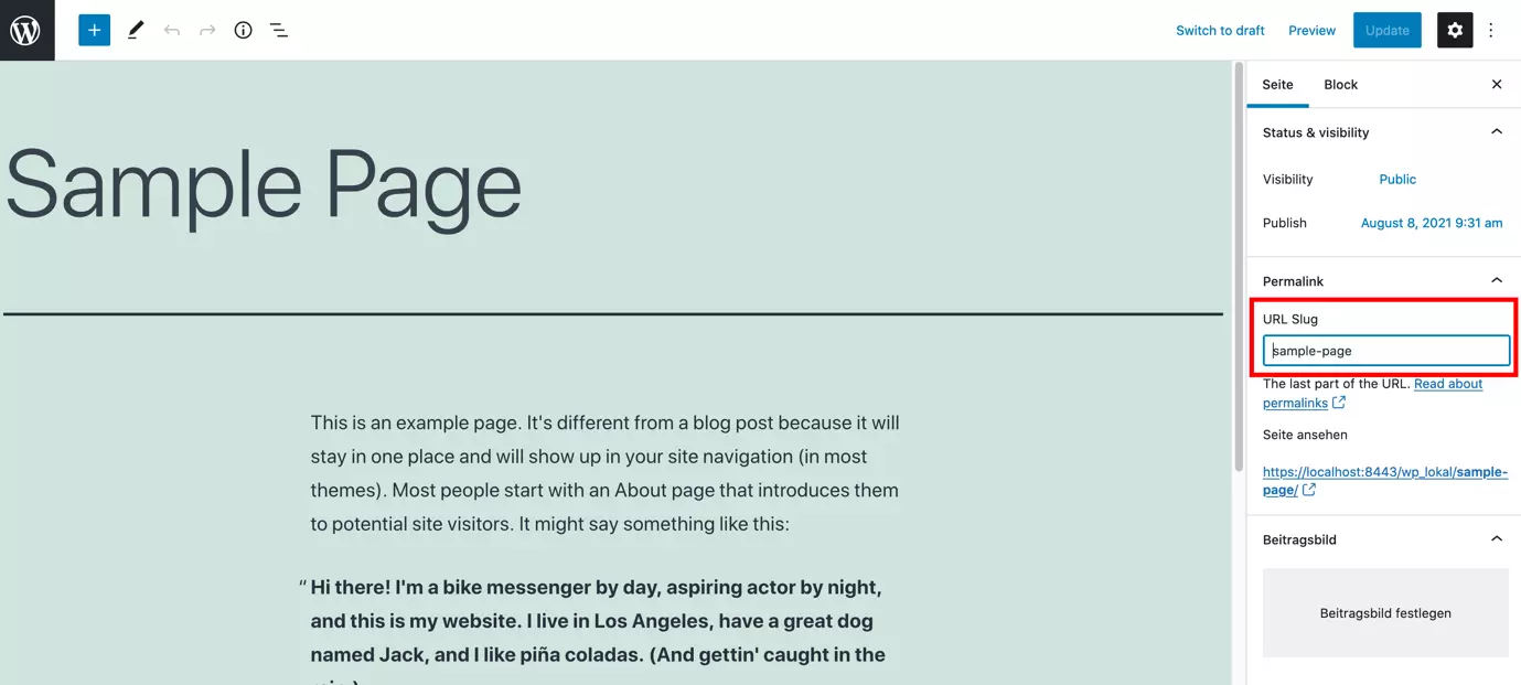 Image: Editing mask of a page in the admin area of WordPress