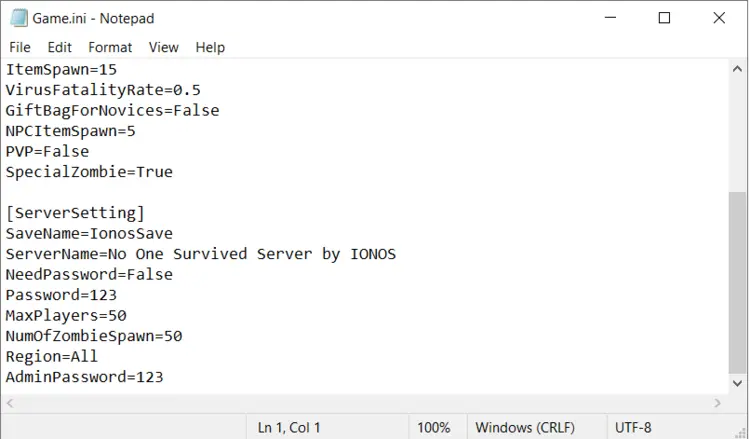No One Survived: Server configuration file Game.ini No One Survived: Server configuration file Game.ini