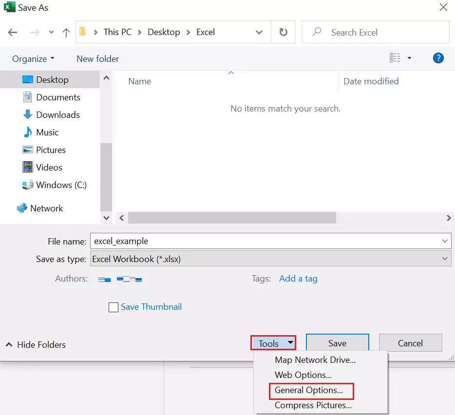 Excel for Windows: Tools button in the Save As dialog box Excel for Windows: Tools button in the Save As dialog box