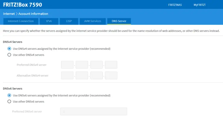 Account information menu of a Fritz!Box 7590 to modify DNS server settings Account information menu of a Fritz!Box 7590 to modify DNS server settings