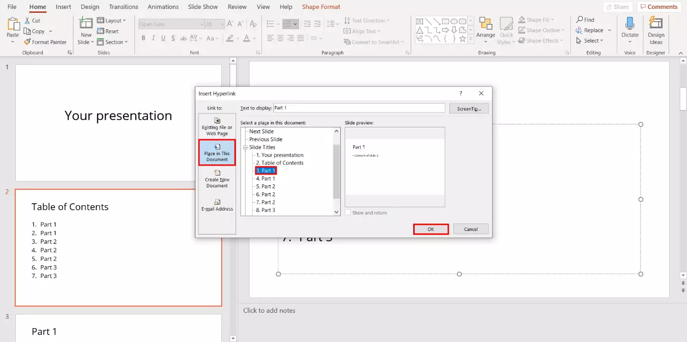 Image: Linking a PowerPoint table of contents: “Insert Hyperlink” dialog box