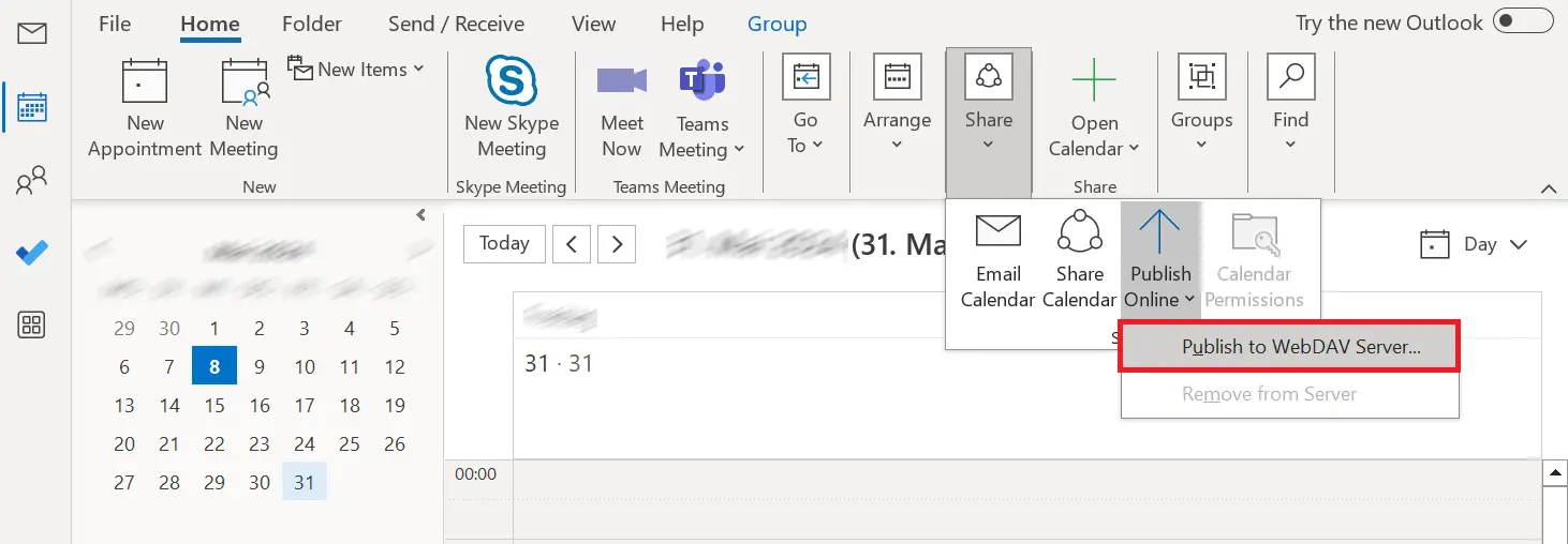 Outlook: Calendar view toolbar in the “Home” tab Image: Outlook: Calendar view toolbar in the “Home” tab
