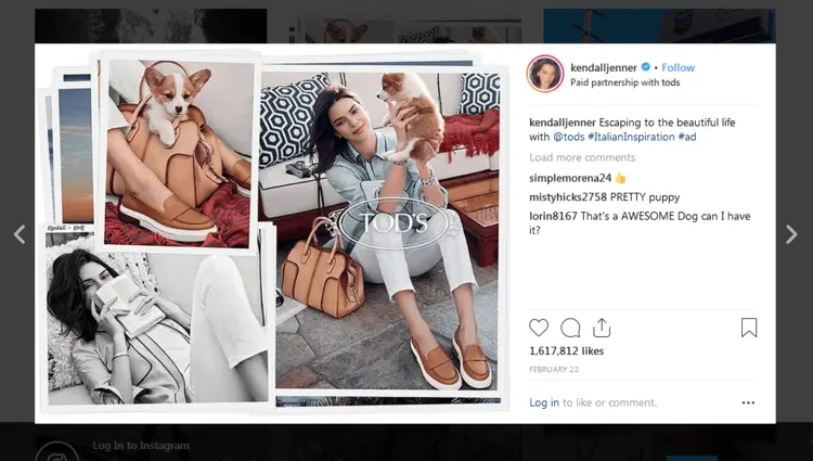 Image of an Instagram post by Kendall Jenner, sponsored by tods Image of an Instagram post by Kendall Jenner, sponsored by tods