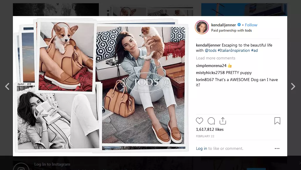Image: Image of an Instagram post by Kendall Jenner, sponsored by tods